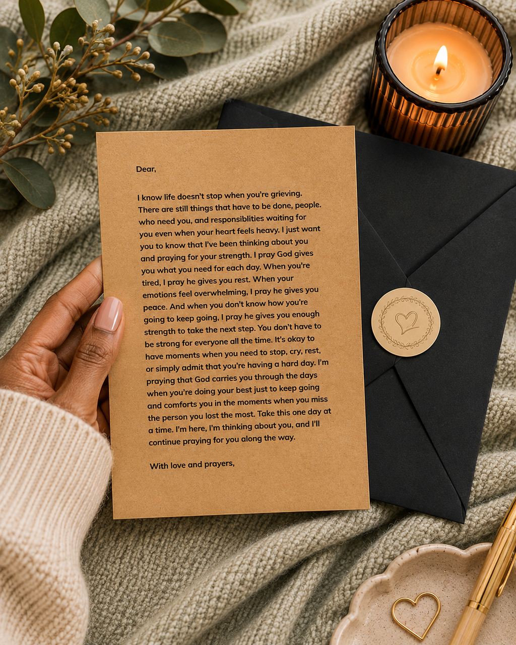 Personalized sympathy prayer card with recipient name and sender name