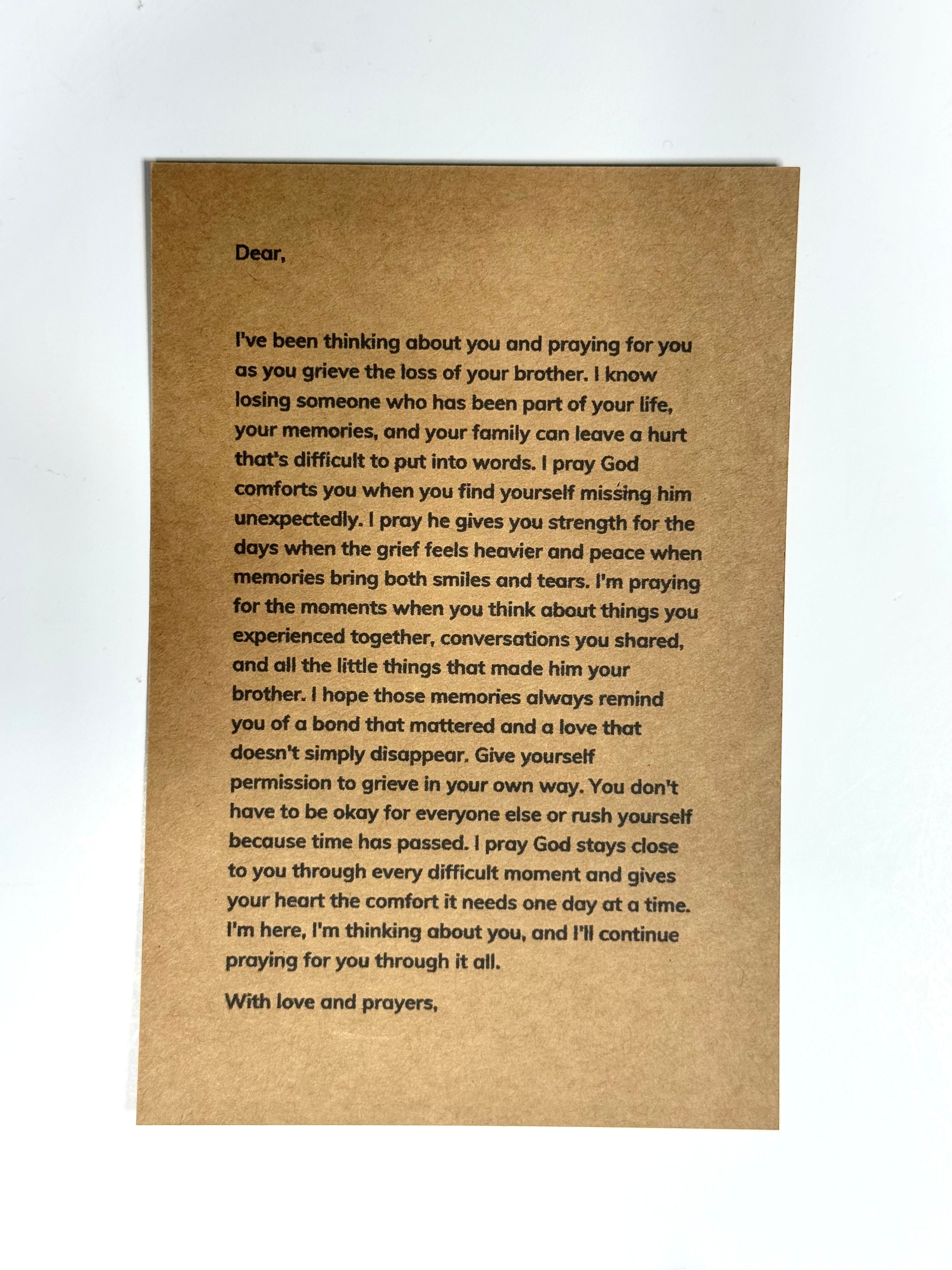 Personalized sympathy prayer letter for someone grieving a brother