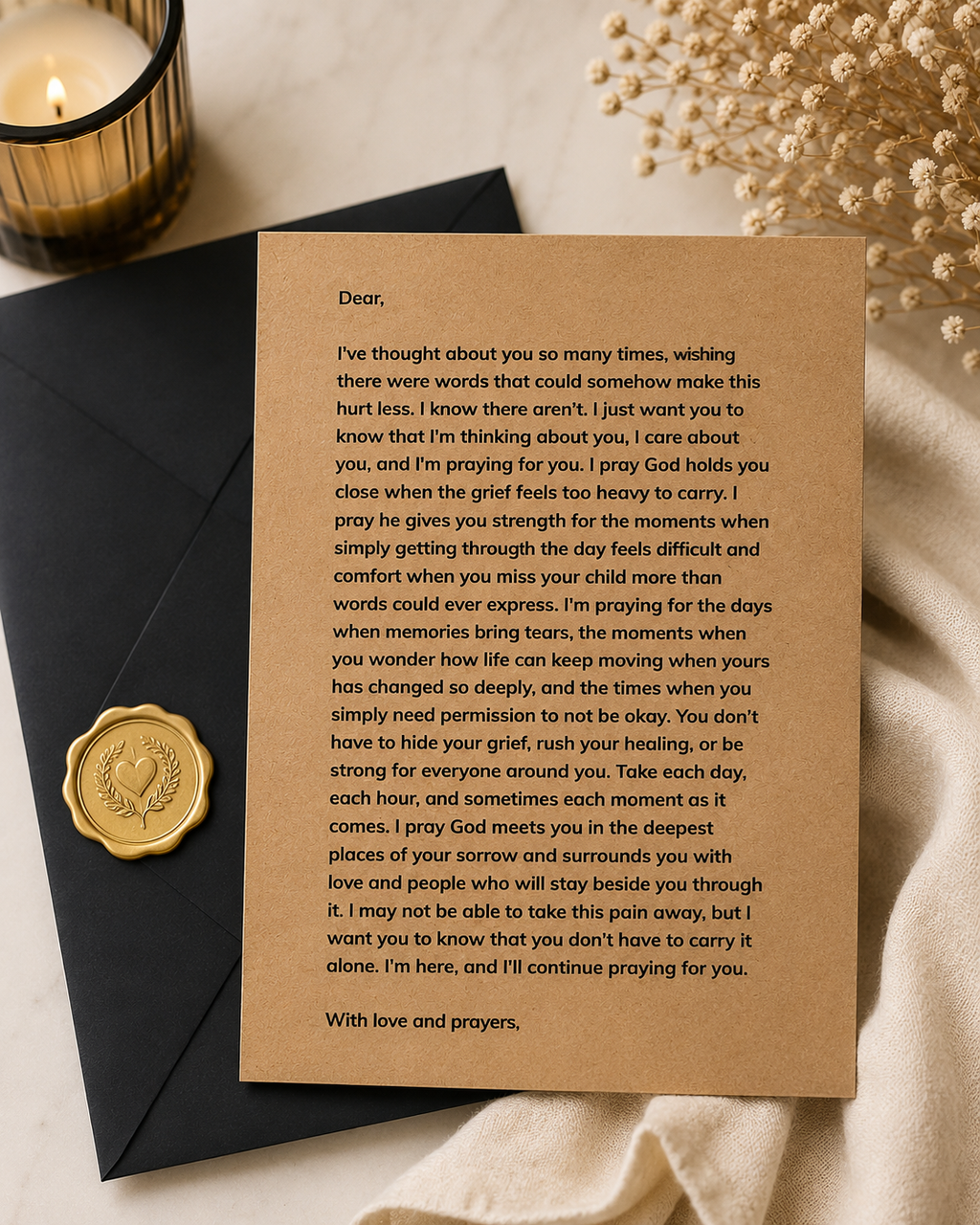 Personalized sympathy prayer letter with recipient and sender names