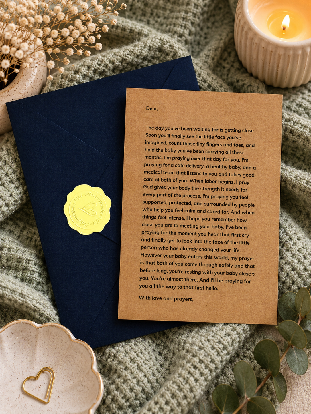 A brown kraft paper birth story card with black text, sealed with a yellow wax seal, resting on a navy blue envelope surrounded by dried flowers, a lit candle, and gold-toned decorative pieces.