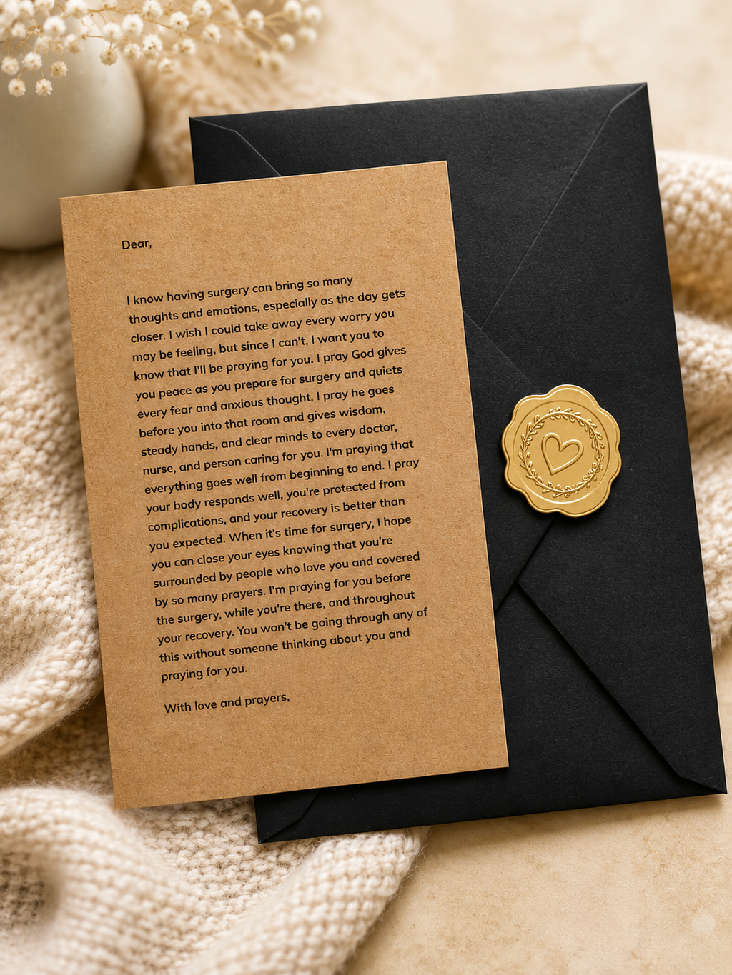 A kraft paper condolence card with printed sympathy message, sealed with a round gold wax seal, attached to a black envelope on a soft beige fabric background.