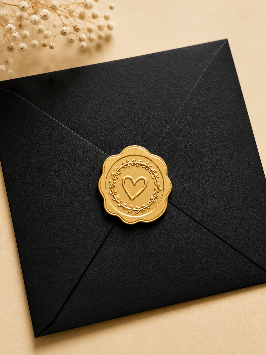 A black envelope sealed with a round gold wax stamp featuring an embossed heart and floral border, photographed on a warm beige background with dried baby's breath in the corner.