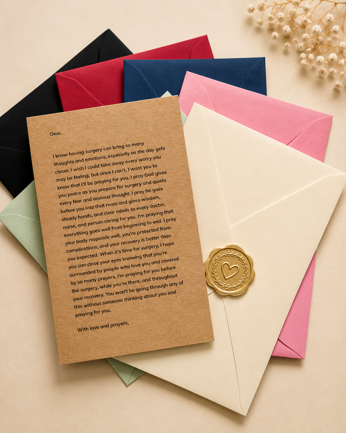 A sympathy condolence card with a handwritten-style message on brown kraft paper, arranged on top of pink, cream, navy, and red envelopes with a gold wax seal, on a beige surface with dried flowers.