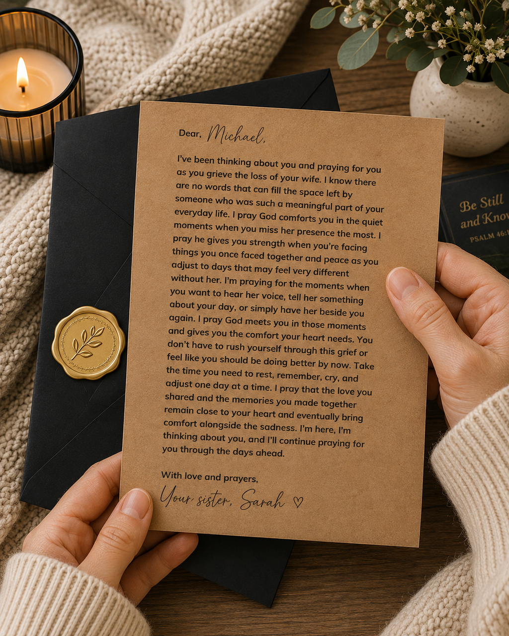 Sympathy prayer letter for death of wife with gold seal sticker envelope