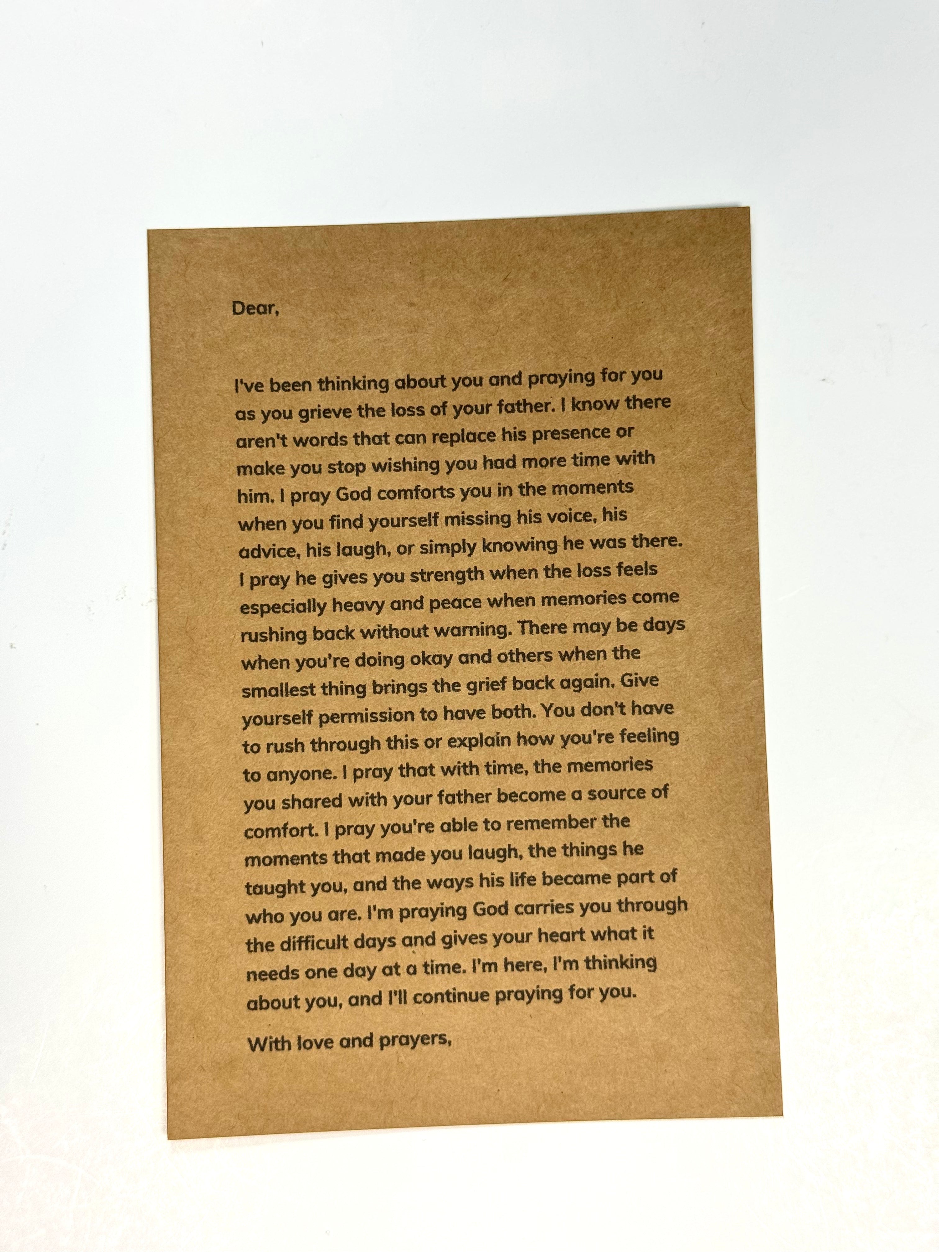Sympathy prayer letter for loss of dad displayed with envelope and gold seal sticker