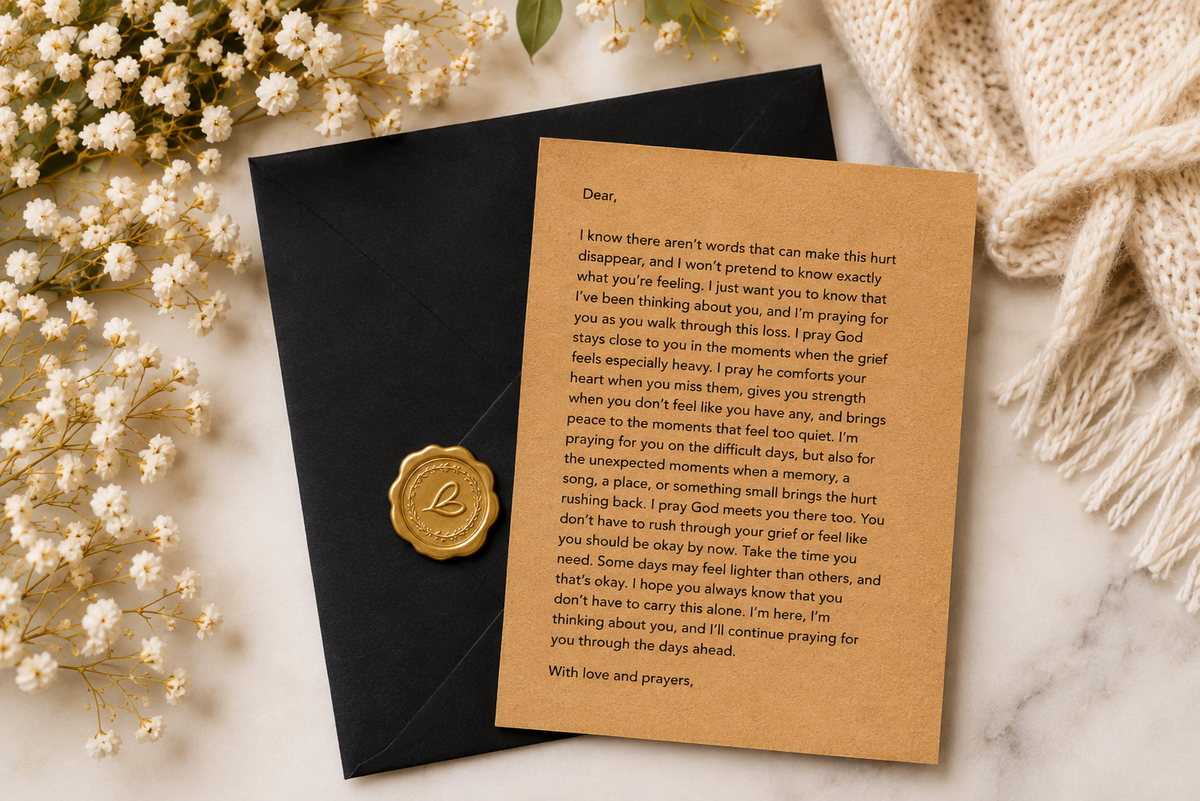 A handwritten condolence card on tan paper with a gold wax seal, placed on a black envelope over a white floral blanket and white flowers.