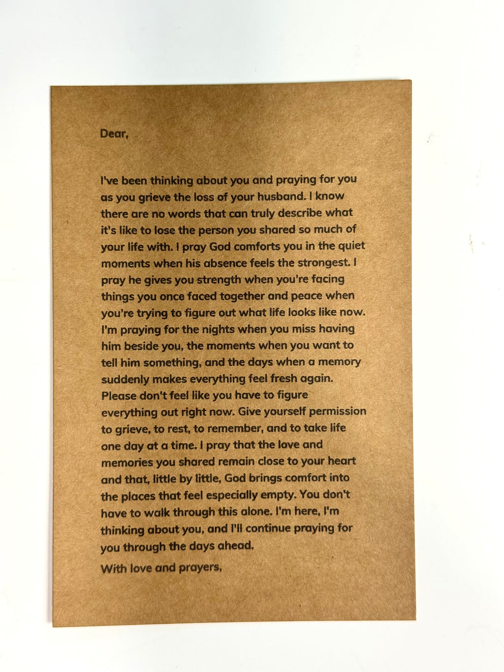 Sympathy prayer letter with black envelope and gold seal sticker