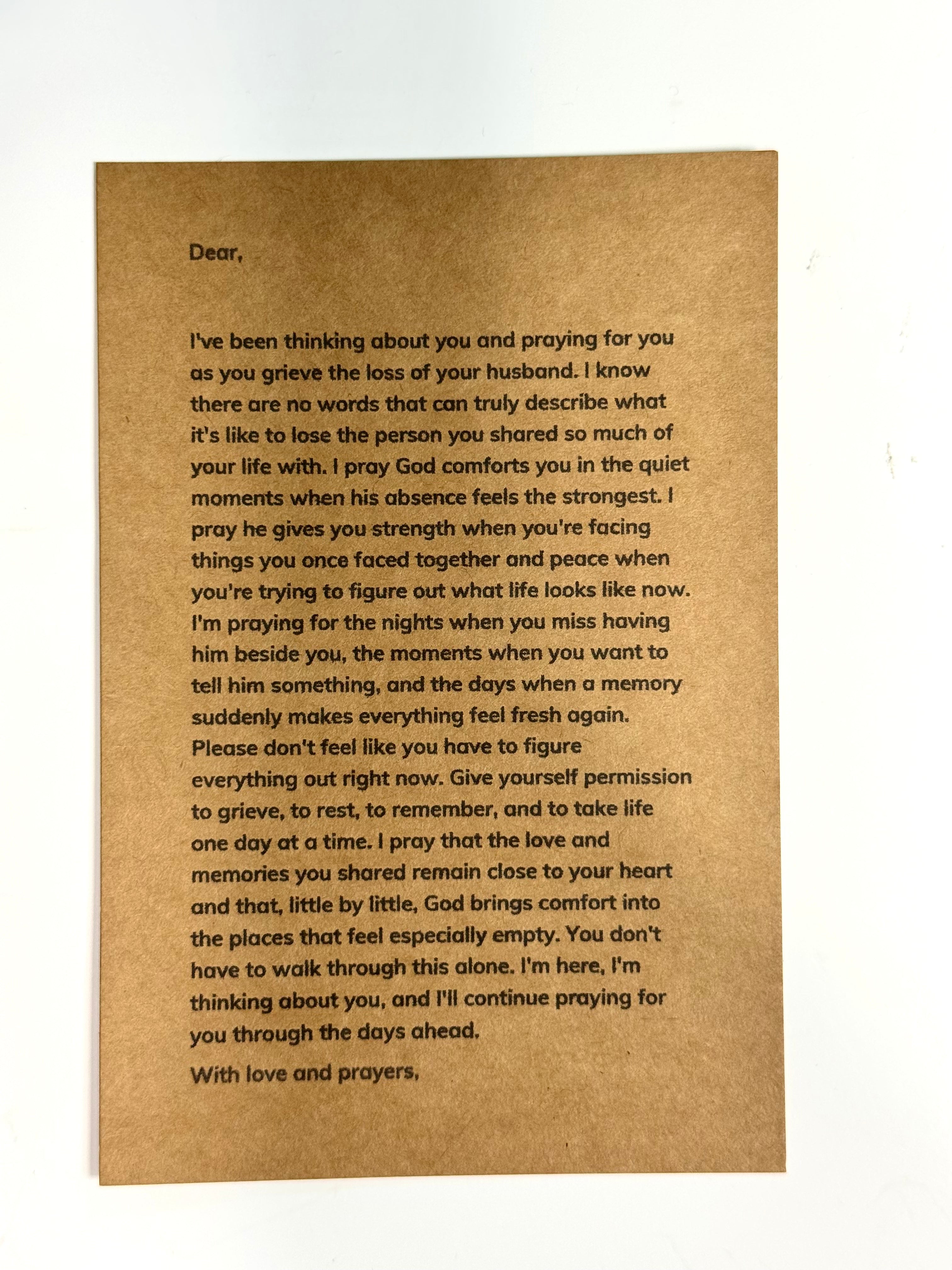 Sympathy prayer letter with black envelope and gold seal sticker