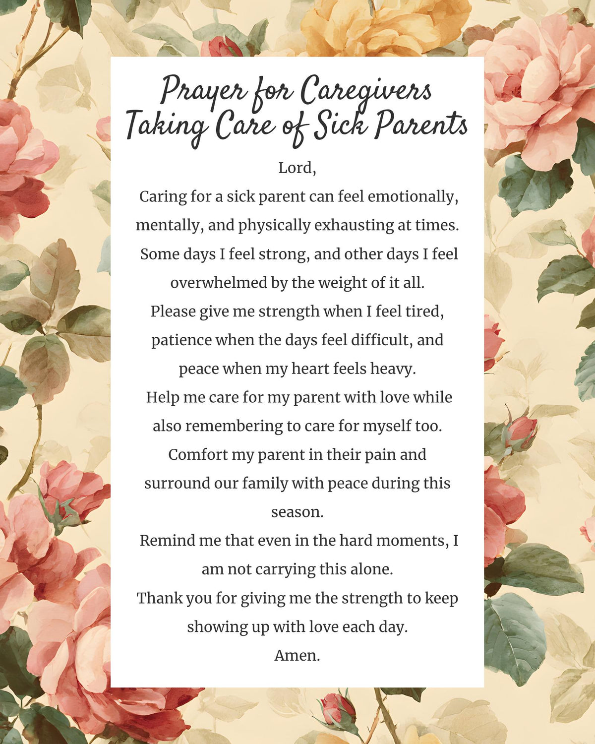 Prayer for Caregivers Taking Care of Sick Parents | Digital Prayer Print