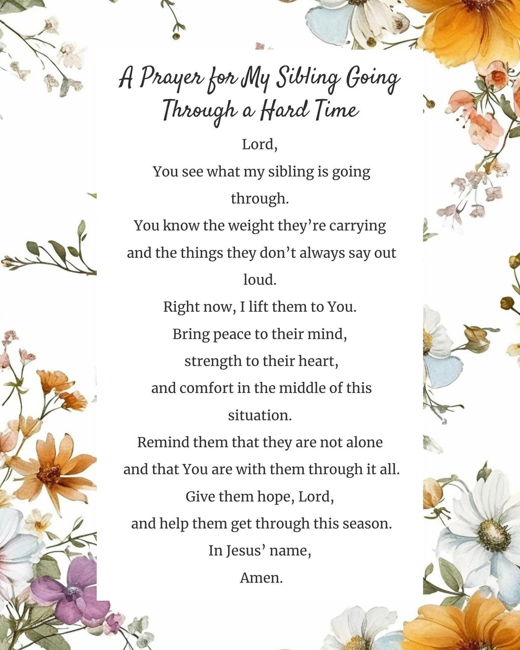 Prayer for My Sibling Going Through a Hard Time | Digital Prayer Print